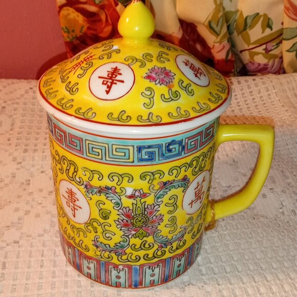 BLUE AND YELLOW COLORFUL ORIENTAL DECOR TEACUP WITH MATCHING LID - Picture 2 of 9
